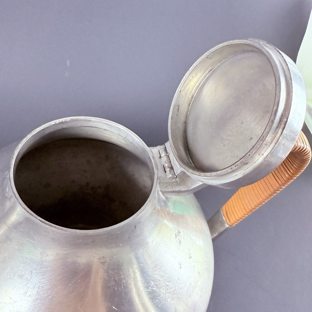 Reed & Barton Pewter MCM Coffee Tea Pot Set Danish Modern Rattan Handle Atomic - Picture 7 of 16